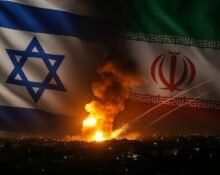 Israel Iran Conflict – Realistic image showing Israeli and Iranian flags against a backdrop of military vehicles and rising smoke, symbolizing the escalating conflict and regional instability