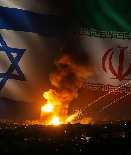 Israel Iran Conflict – Realistic image showing Israeli and Iranian flags against a backdrop of military vehicles and rising smoke, symbolizing the escalating conflict and regional instability