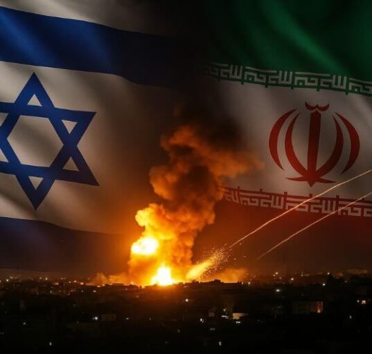 Israel Iran Conflict – Realistic image showing Israeli and Iranian flags against a backdrop of military vehicles and rising smoke, symbolizing the escalating conflict and regional instability