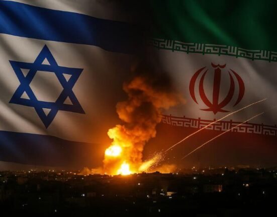 Israel Iran Conflict – Realistic image showing Israeli and Iranian flags against a backdrop of military vehicles and rising smoke, symbolizing the escalating conflict and regional instability