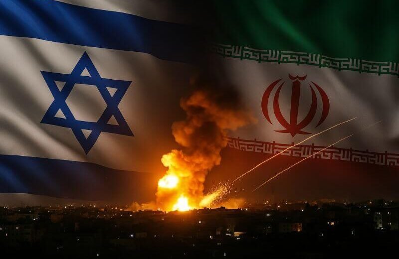 Israel Iran Conflict – Realistic image showing Israeli and Iranian flags against a backdrop of military vehicles and rising smoke, symbolizing the escalating conflict and regional instability