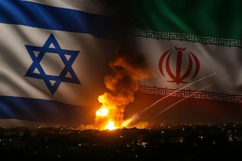 Israel Iran Conflict – Realistic image showing Israeli and Iranian flags against a backdrop of military vehicles and rising smoke, symbolizing the escalating conflict and regional instability