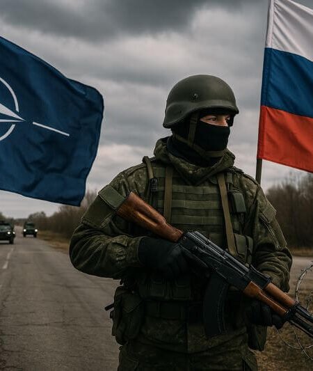 Image showing Russian soldier near a NATO border checkpoint with tanks and warning signs, symbolizing the rising Russia-NATO conflict in Eastern Europe