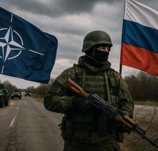 Image showing Russian soldier near a NATO border checkpoint with tanks and warning signs, symbolizing the rising Russia-NATO conflict in Eastern Europe