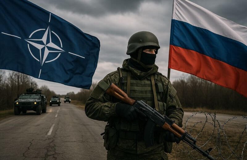 Image showing Russian soldier near a NATO border checkpoint with tanks and warning signs, symbolizing the rising Russia-NATO conflict in Eastern Europe