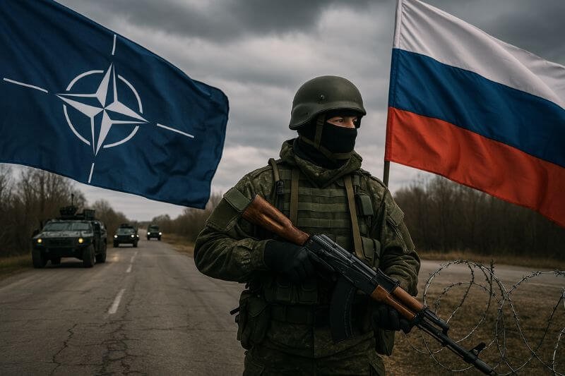 Image showing Russian soldier near a NATO border checkpoint with tanks and warning signs, symbolizing the rising Russia-NATO conflict in Eastern Europe