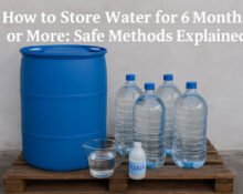 Blue barrel, water jugs, and bleach bottle for long-term water storage