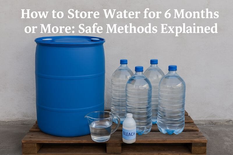 Blue barrel, water jugs, and bleach bottle for long-term water storage