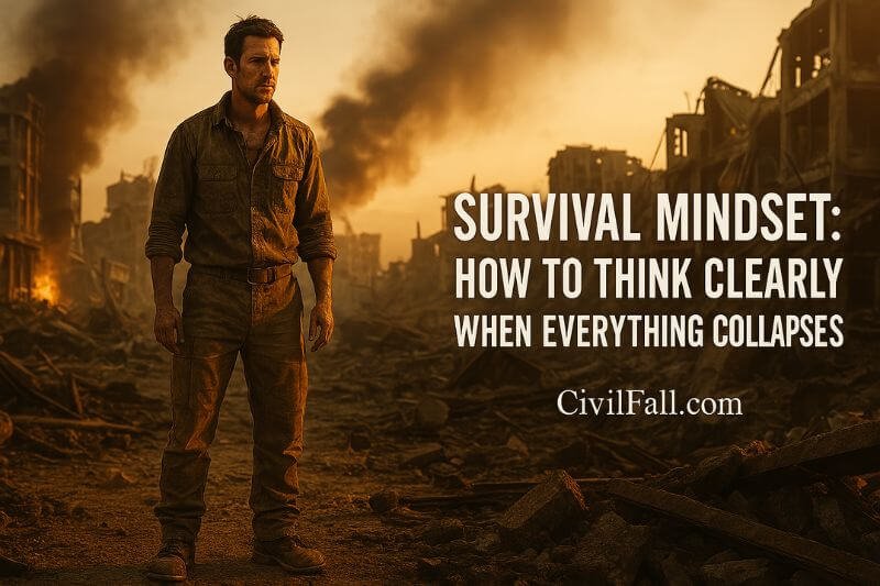 Survival mindset – man standing in post-apocalyptic city