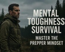 Mental toughness survival – focused prepper in forest with gear