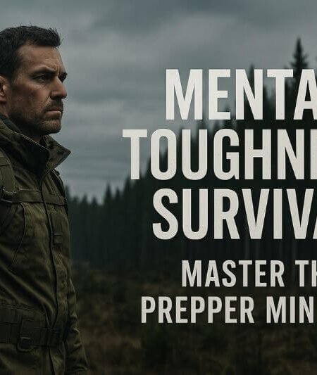 Mental toughness survival – focused prepper in forest with gear