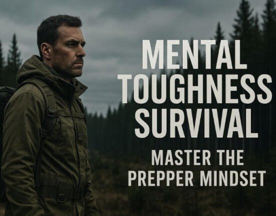 Mental toughness survival – focused prepper in forest with gear
