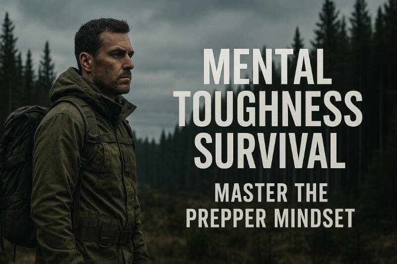 Mental toughness survival – focused prepper in forest with gear