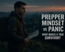 Prepper mindset – survivalist observing city from hilltop at dusk
