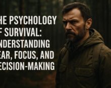 Survival psychology – man in forest facing fear and focus decisions