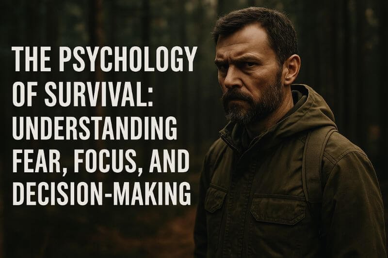 Survival psychology – man in forest facing fear and focus decisions