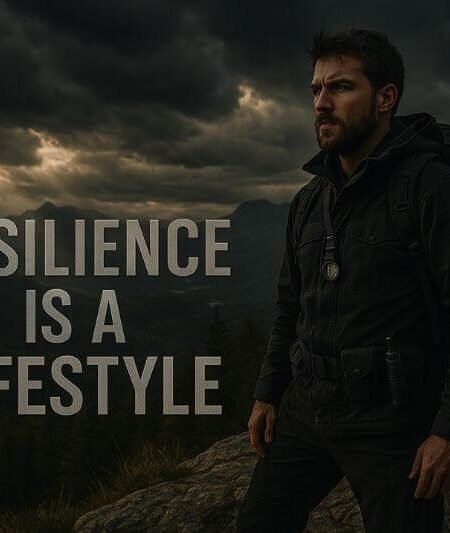 Resilience training – survivalist standing strong in stormy landscape