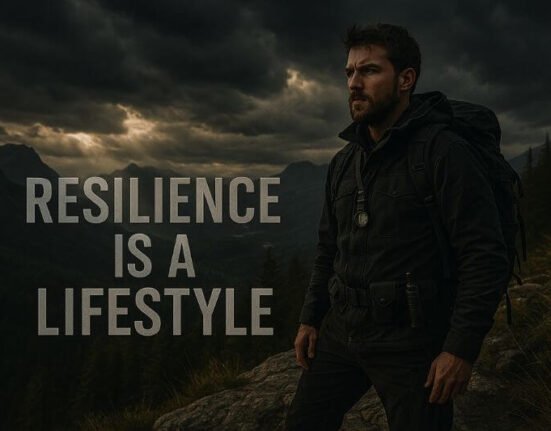 Resilience training – survivalist standing strong in stormy landscape