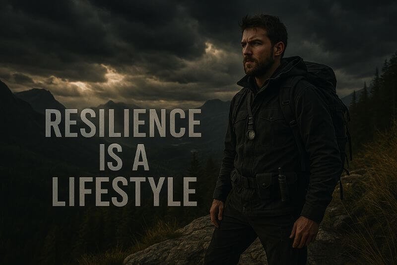 Resilience training – survivalist standing strong in stormy landscape