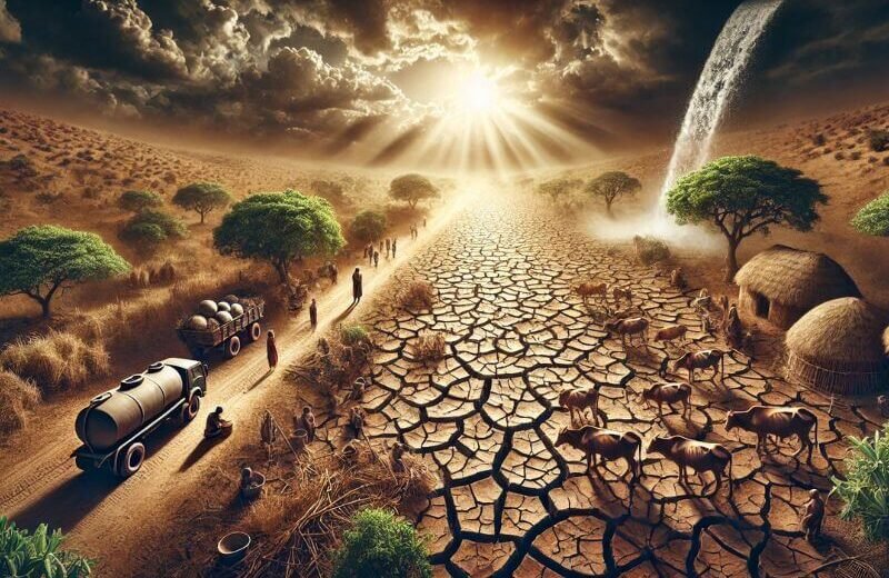Extreme drought in Africa showing dry landscapes, impacted agriculture, and affected communities