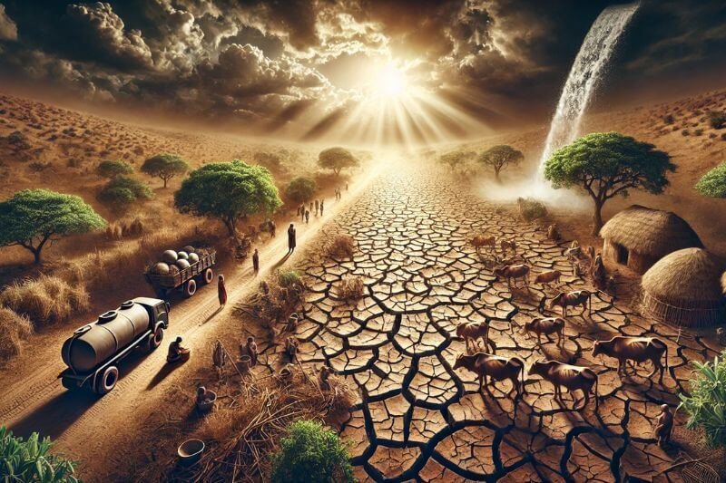 Extreme drought in Africa showing dry landscapes, impacted agriculture, and affected communities
