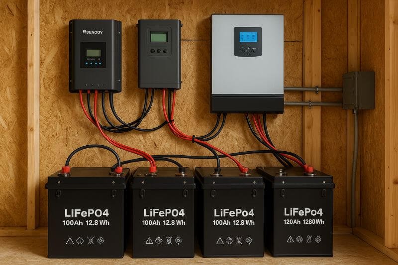 off-grid battery systems in a solar-powered survival setup