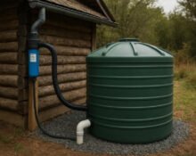 rainwater harvesting off-grid system with tank, filter, and roof catchment