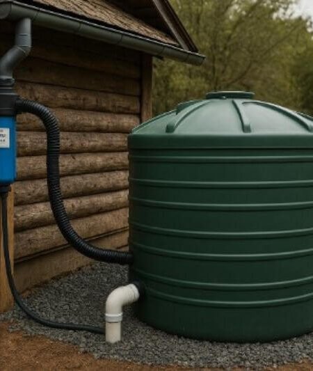 rainwater harvesting off-grid system with tank, filter, and roof catchment