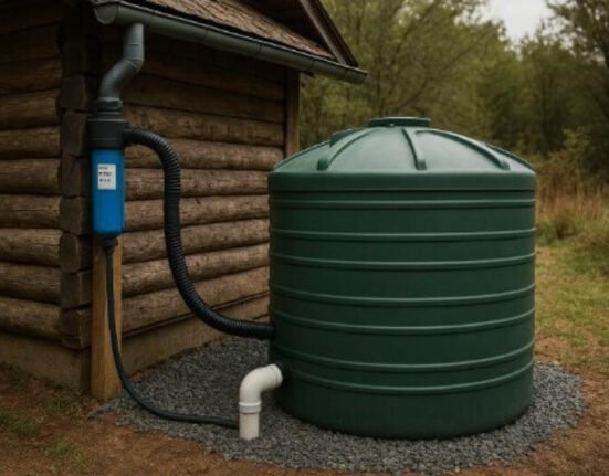 rainwater harvesting off-grid system with tank, filter, and roof catchment