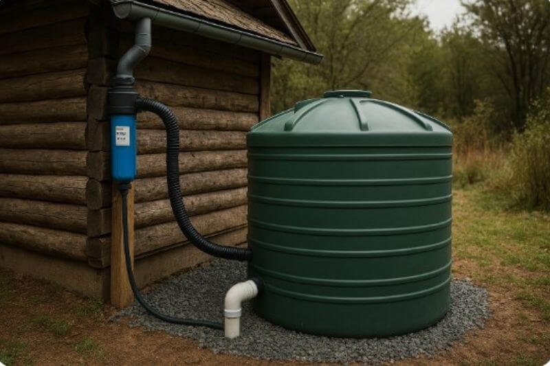rainwater harvesting off-grid system with tank, filter, and roof catchment