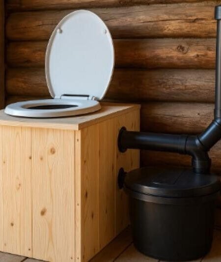 composting toilets off-grid with wooden housing and ventilation