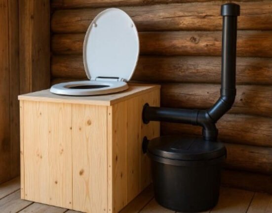 composting toilets off-grid with wooden housing and ventilation