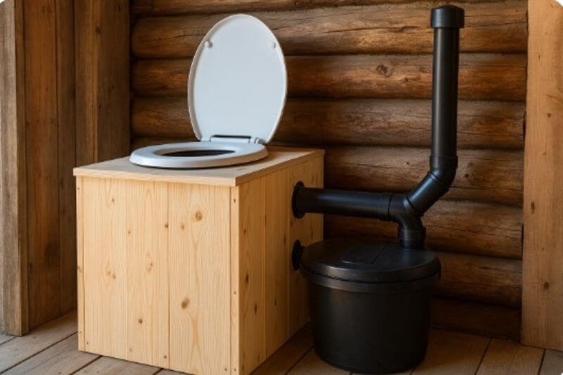 composting toilets off-grid with wooden housing and ventilation
