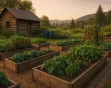 off-grid gardening setup with raised beds and rainwater system