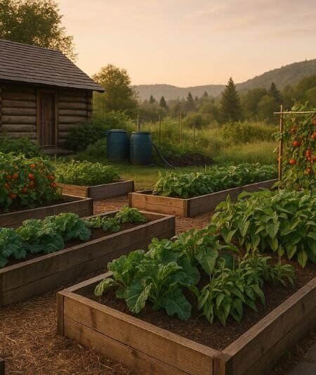 off-grid gardening setup with raised beds and rainwater system