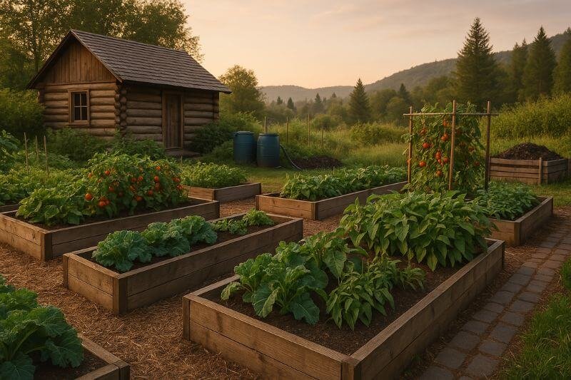off-grid gardening setup with raised beds and rainwater system