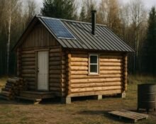 off-grid cabin construction with solar panels, wood stove chimney, and rainwater barrel