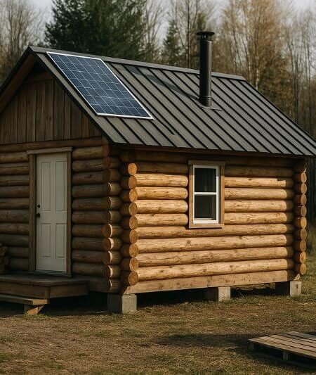 off-grid cabin construction with solar panels, wood stove chimney, and rainwater barrel