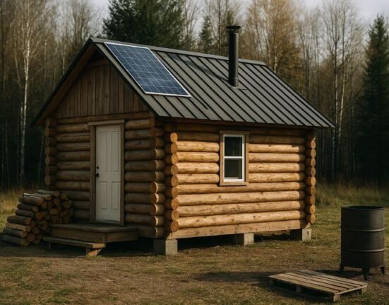 off-grid cabin construction with solar panels, wood stove chimney, and rainwater barrel