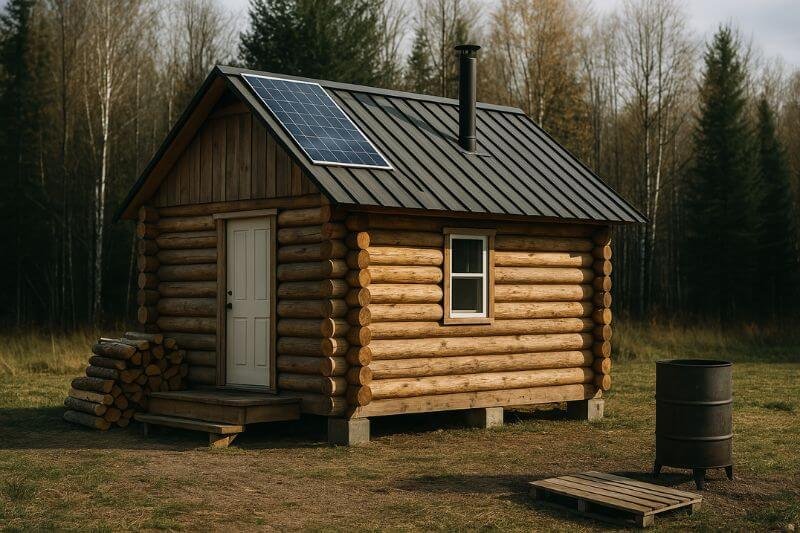 off-grid cabin construction with solar panels, wood stove chimney, and rainwater barrel