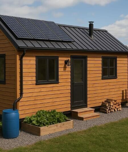 off-grid tiny home with wood siding, solar panels, rain barrels, and garden integration in a forest setting