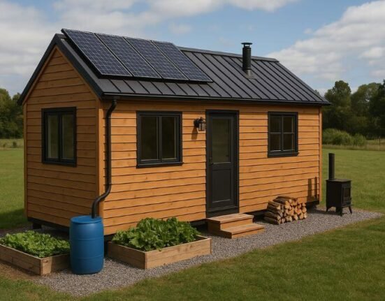 off-grid tiny home with wood siding, solar panels, rain barrels, and garden integration in a forest setting