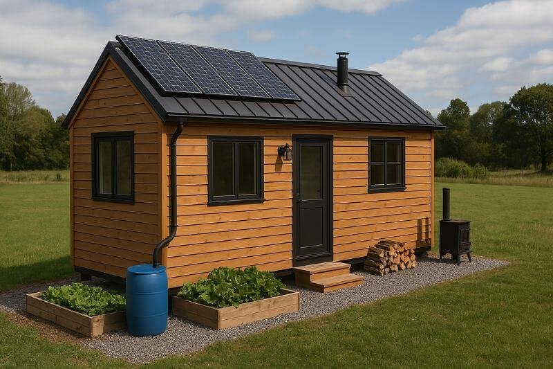 off-grid tiny home with wood siding, solar panels, rain barrels, and garden integration in a forest setting