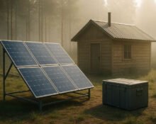 off-grid energy setup with solar panels, battery bank, charge controller, and inverter in a remote survival cabin