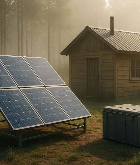 off-grid energy setup with solar panels, battery bank, charge controller, and inverter in a remote survival cabin