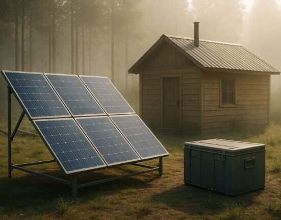 off-grid energy setup with solar panels, battery bank, charge controller, and inverter in a remote survival cabin