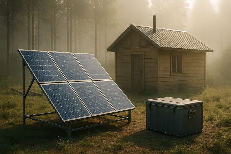 off-grid energy setup with solar panels, battery bank, charge controller, and inverter in a remote survival cabin