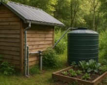 rainwater harvesting off-grid system with rooftop catchment and water storage tanks