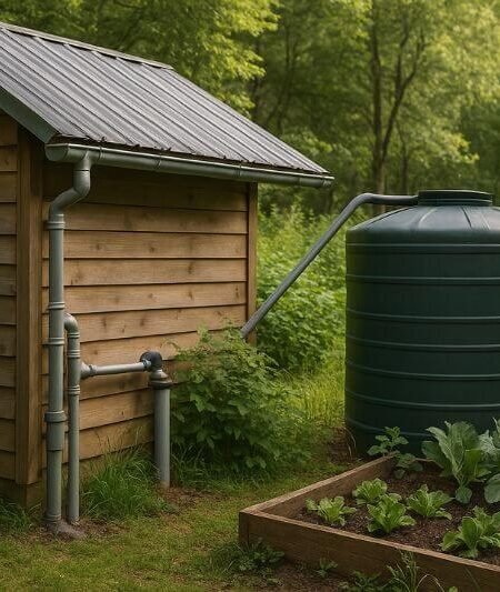 rainwater harvesting off-grid system with rooftop catchment and water storage tanks