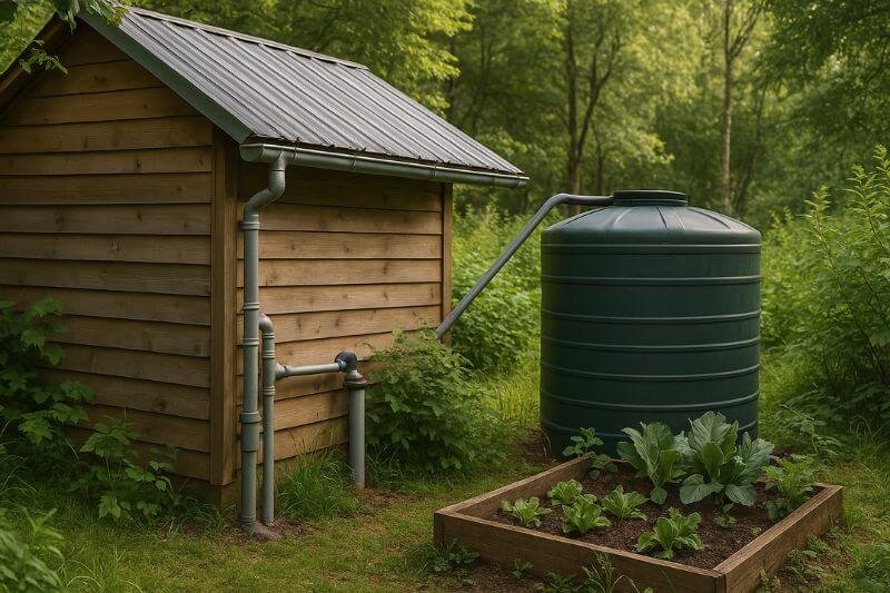 rainwater harvesting off-grid system with rooftop catchment and water storage tanks